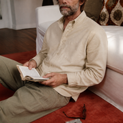 The Atticus 160 in Buttercream Oxford Cotton — Model (1:1)