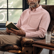 The Atticus 160 in Blush Pop Pinpoint Oxford Cotton — Model (1:1)
