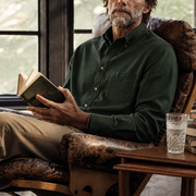 The Atticus 160 in Deep Olive Oxford Cotton — Model (1:1)