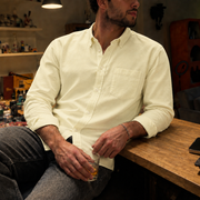 The Atticus 120 in Warm Ivory Cotton Flax — Model (1:1)