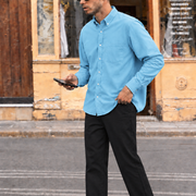 The Atticus 160 in Sky Blue Oxford Cotton — Model (1:1)