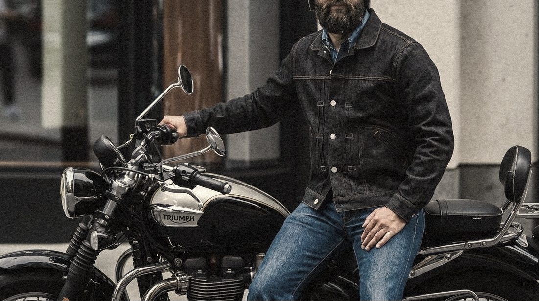 The Takumi Trucker Jacket 340 in Kuroai Cotton Denim worn